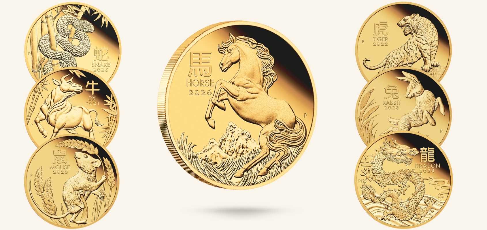 Všech sedm mincí z Lunární série III - Golden Gate