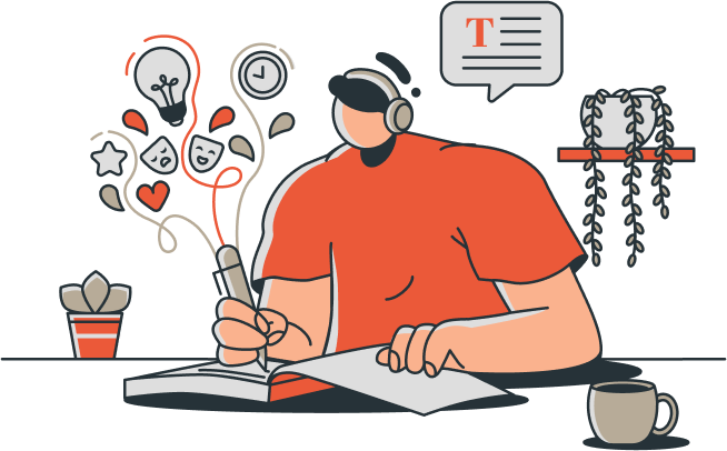 Person wearing headphones writing in a notebook with creative icons like a lightbulb and masks floating above the pen.