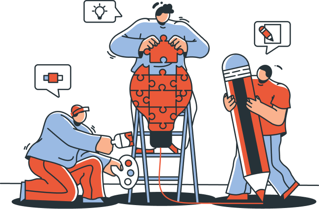 Three people collaborating to assemble a large light bulb shaped puzzle, one holding a paint palette, another placing puzzle pieces, and another holding a giant pencil.