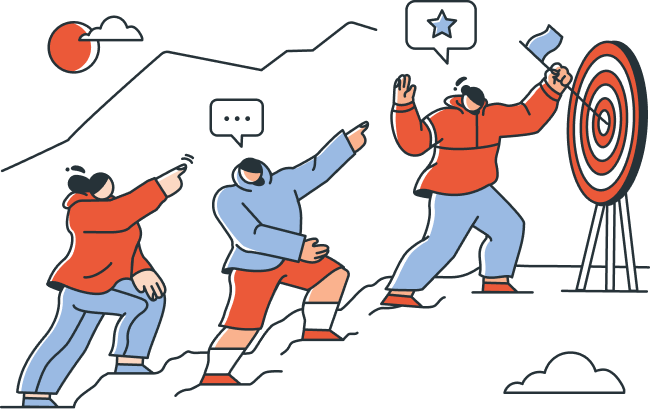 Three people climbing a mountain, pointing ahead and celebrating reaching a target with a flag.