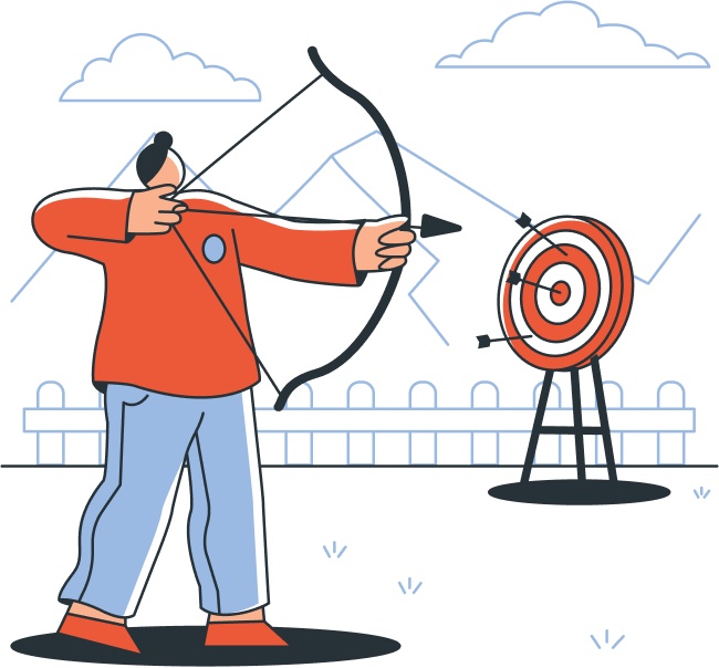 Illustration of a person in a red shirt aiming a bow and arrow at a red and white target outdoors with clouds and mountains in the background.