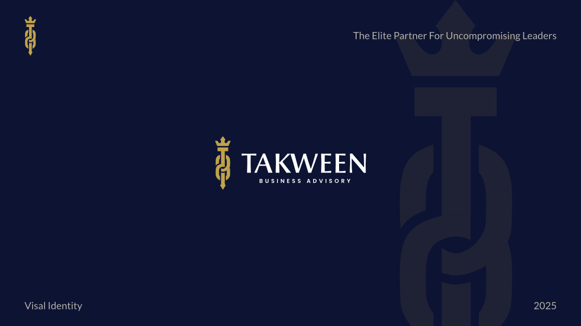 TAKWEEN Business Advisory logo with a gold emblem on a dark blue background, featuring the text 'The Elite Partner For Uncompromising Leaders' and 'Visual Identity 2025'.