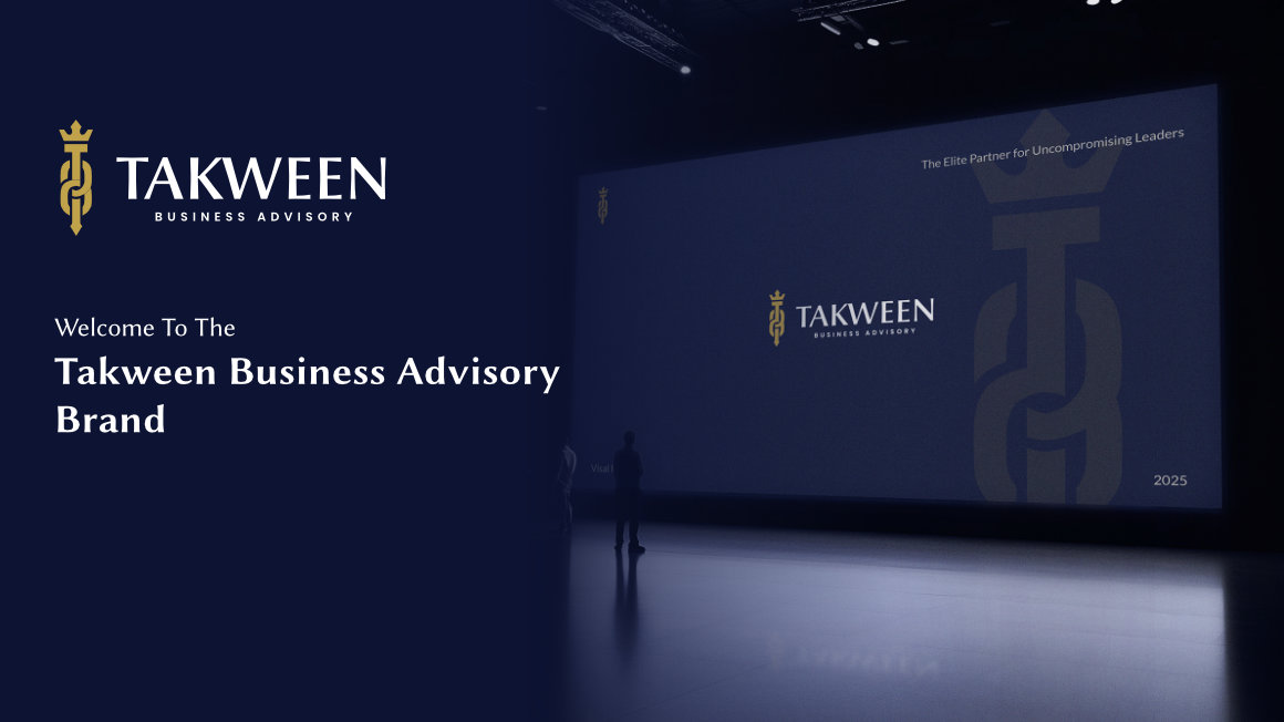 Dark blue presentation screen with Takween Business Advisory logo and text stating it is the brand welcome, alongside a golden logo emblem.