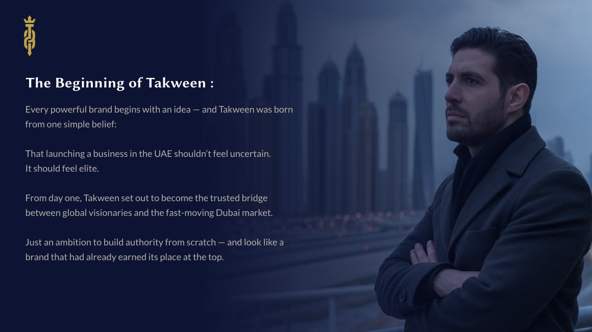 Man in a dark coat and scarf thoughtfully looking to the right with a blurred Dubai skyline in the background and text about the beginning of Takween on the left.