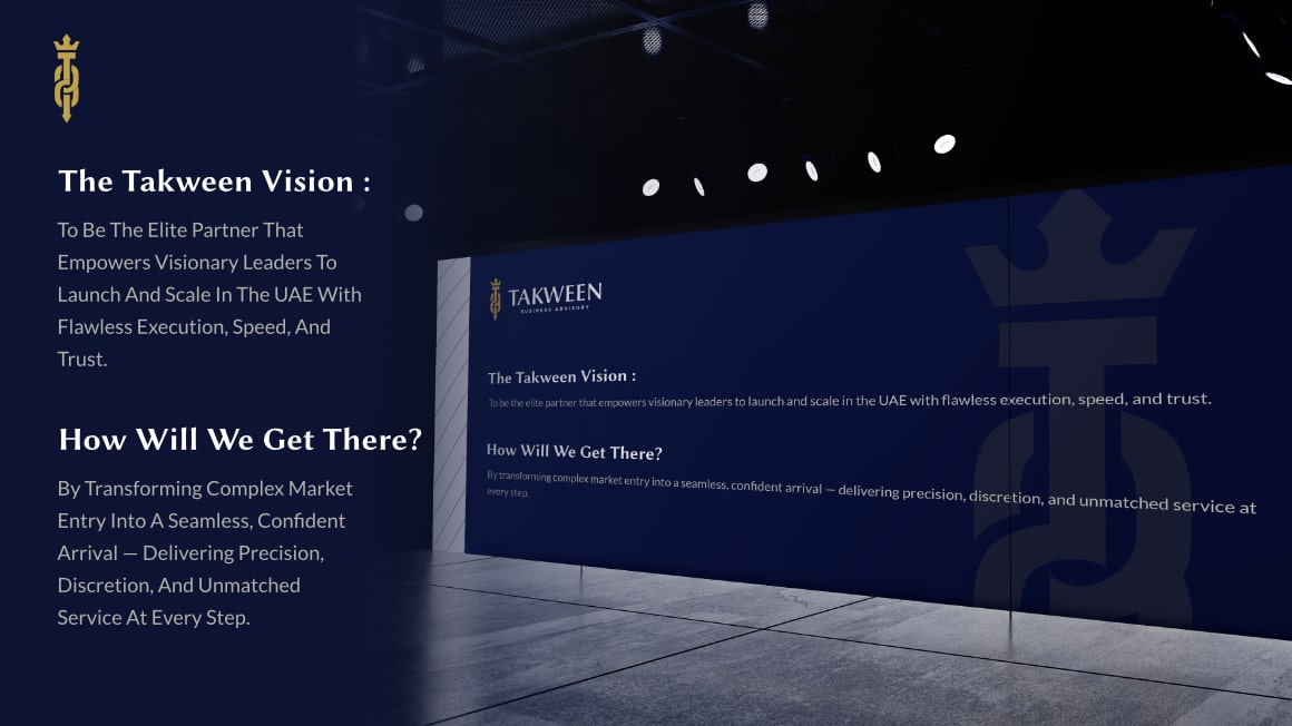 Dark room with a reflective floor displaying Takween's vision and mission text about empowering visionary leaders in the UAE with flawless execution and unmatched service.