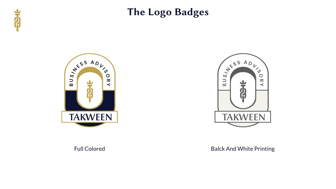 Two versions of the Takween Business Advisory logo badges, one full colored in gold and navy, the other in black and white printing.