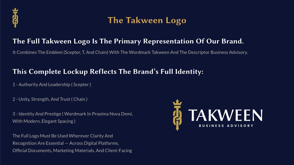 Explanation of the Takween logo elements with gold emblem and white wordmark on a dark blue background.