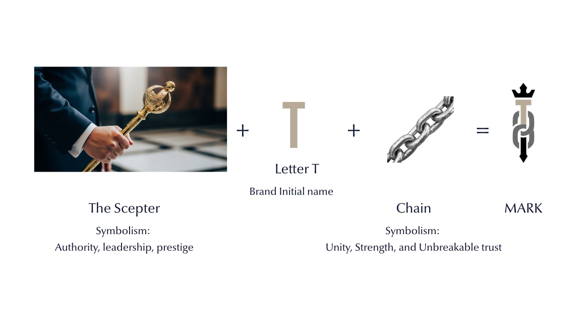 Concept showing a scepter symbolizing authority, the letter T as brand initial, and a chain symbolizing unity and strength combining to form a mark.