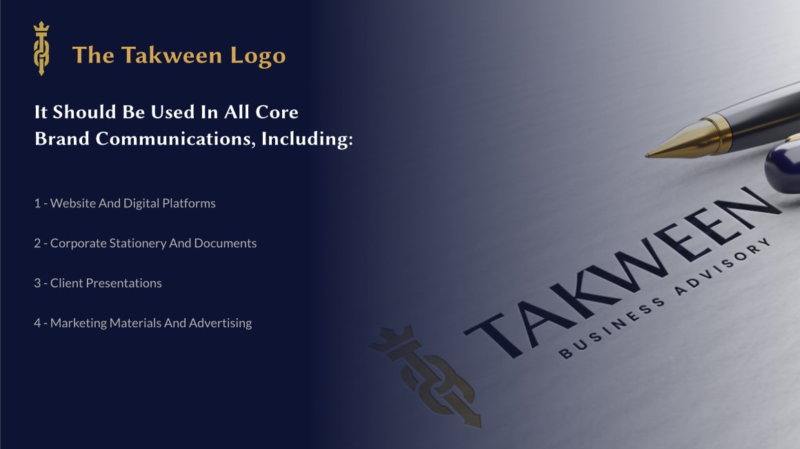 The Takween logo with usage guidelines, listing website platforms, corporate stationery, client presentations, and marketing materials as core brand communications.