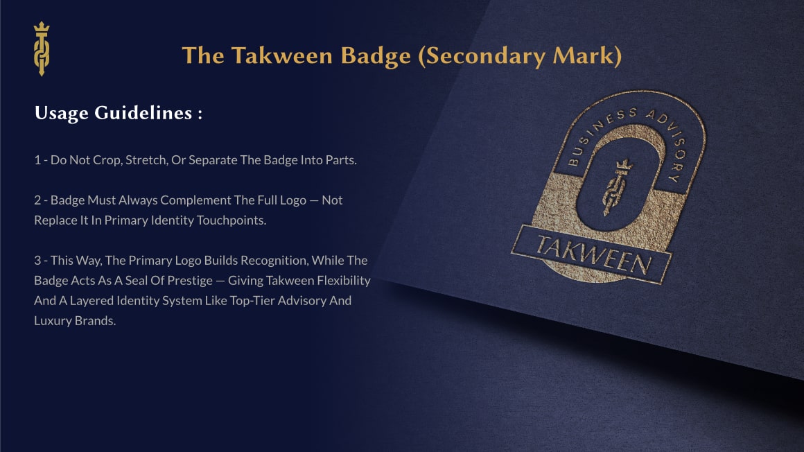 Blue textured background with gold Takween badge showing a stylized torch inside an arch with text 'BUSINESS ADVISORY' and 'TAKWEEN', alongside usage guidelines for the badge.