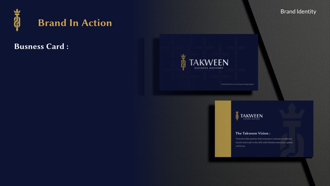 Brand Identity display showing two dark blue and gold business cards for Takween Business Advisory with logo and company vision statement.