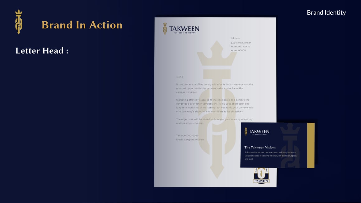 Corporate brand presentation showing Takween letterhead and business card on a dark blue background with gold and white text.