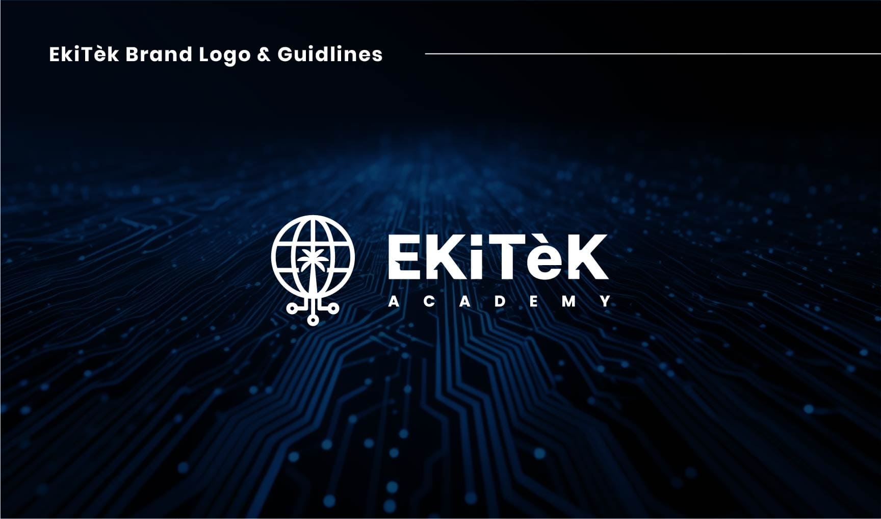 EkiTèk Academy brand identity cover slide with logo on dark circuit board background