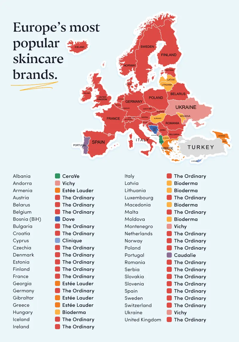 Europe's map with their most popular skincare brand by country