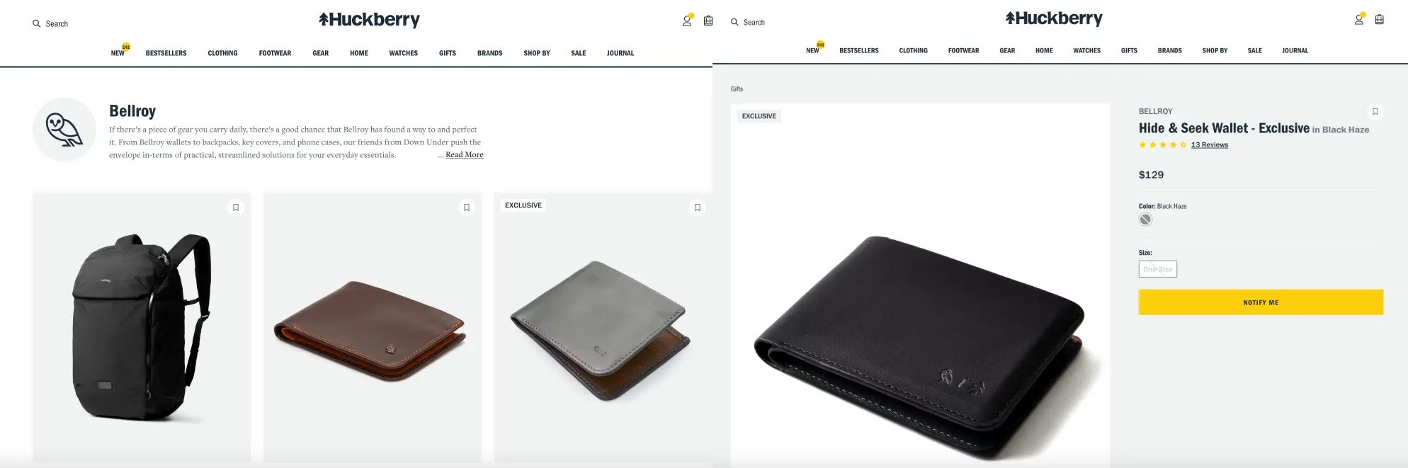 Bellroy's products on Huckberry's website