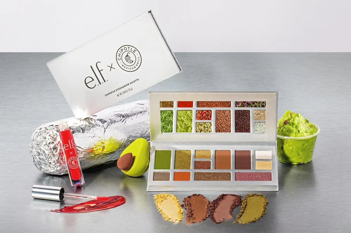 e.l.f. x Chipotle makeup collection: eyeshadow palette, beauty sponde blender, lipgloss