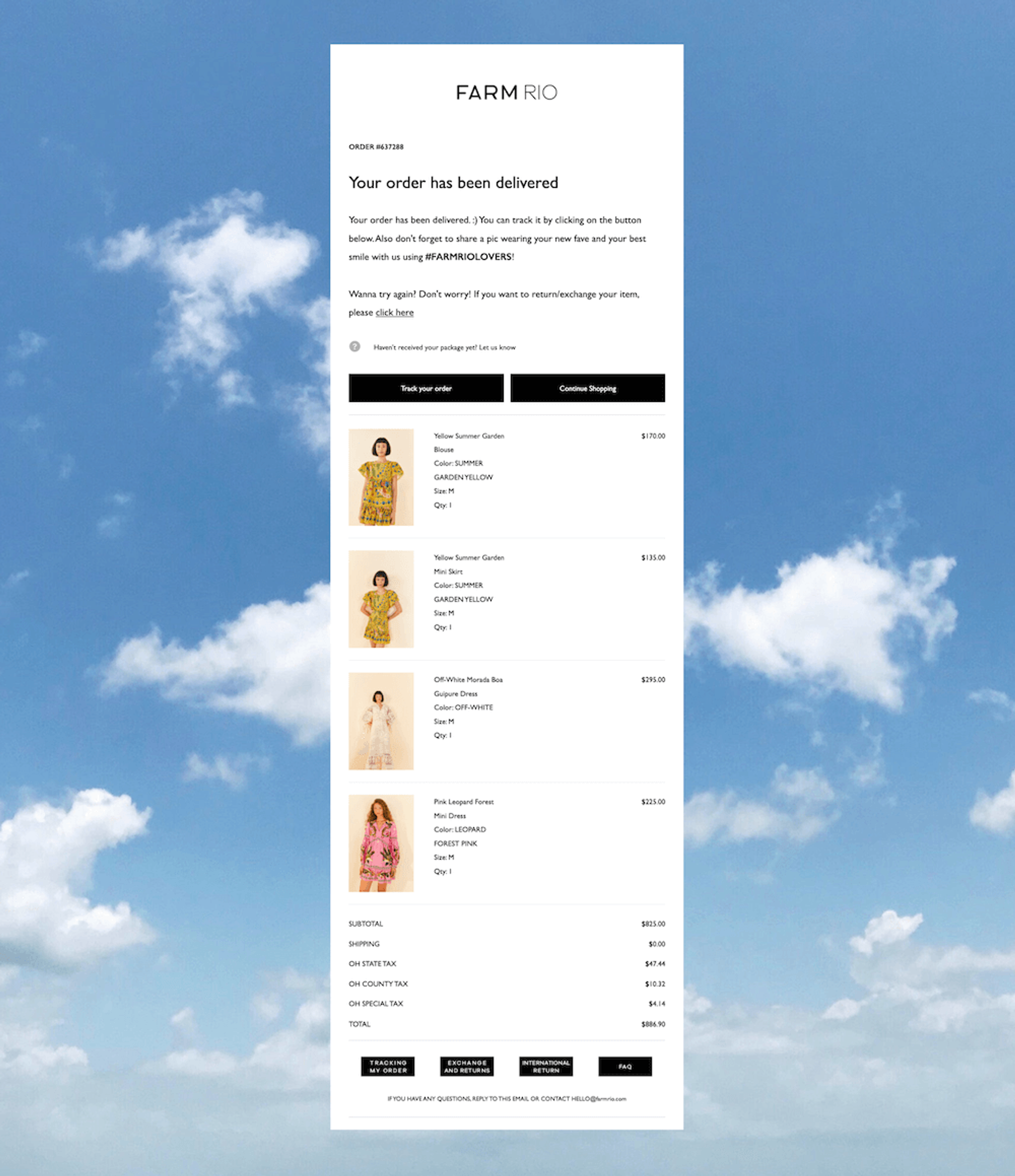  FARM Rio sent out a "track your package" email and then does just that—routes the user back to their site, where they're greeted with a pop-up form offering another discount in exchange for their birthday information.