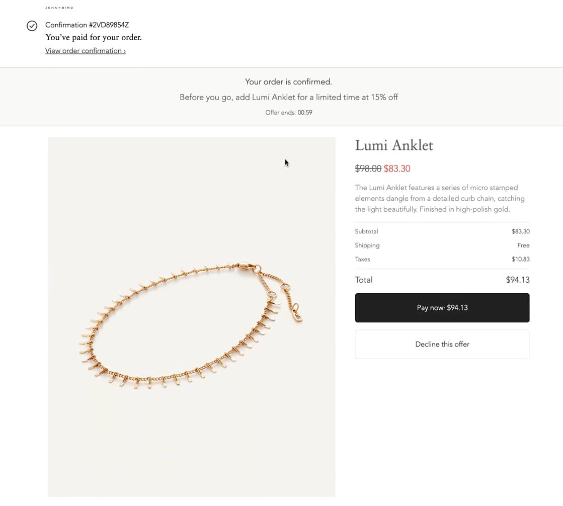 Jenny Birds upsell offer right after purchase