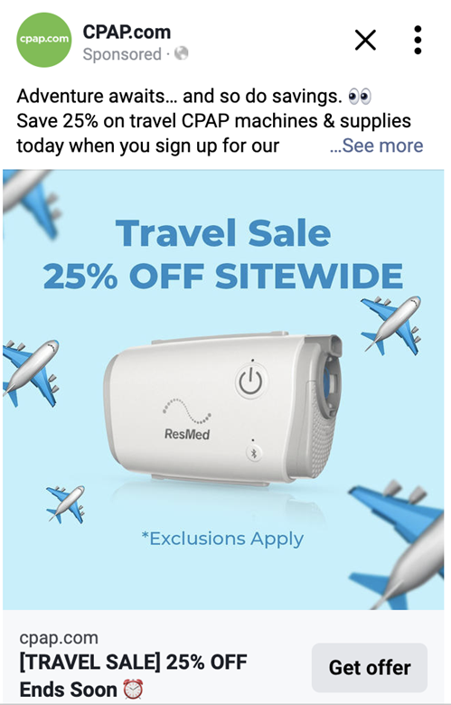 Ejemplo del visual de CPAP.com con los emojis de aviones