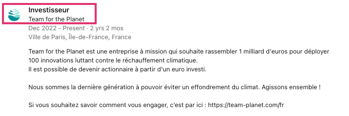 Exemple d'un statut Linkedin d'un investisseur Time for the Planet