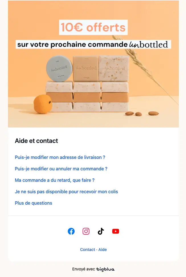 Email de suivi Unbottled avec code promo