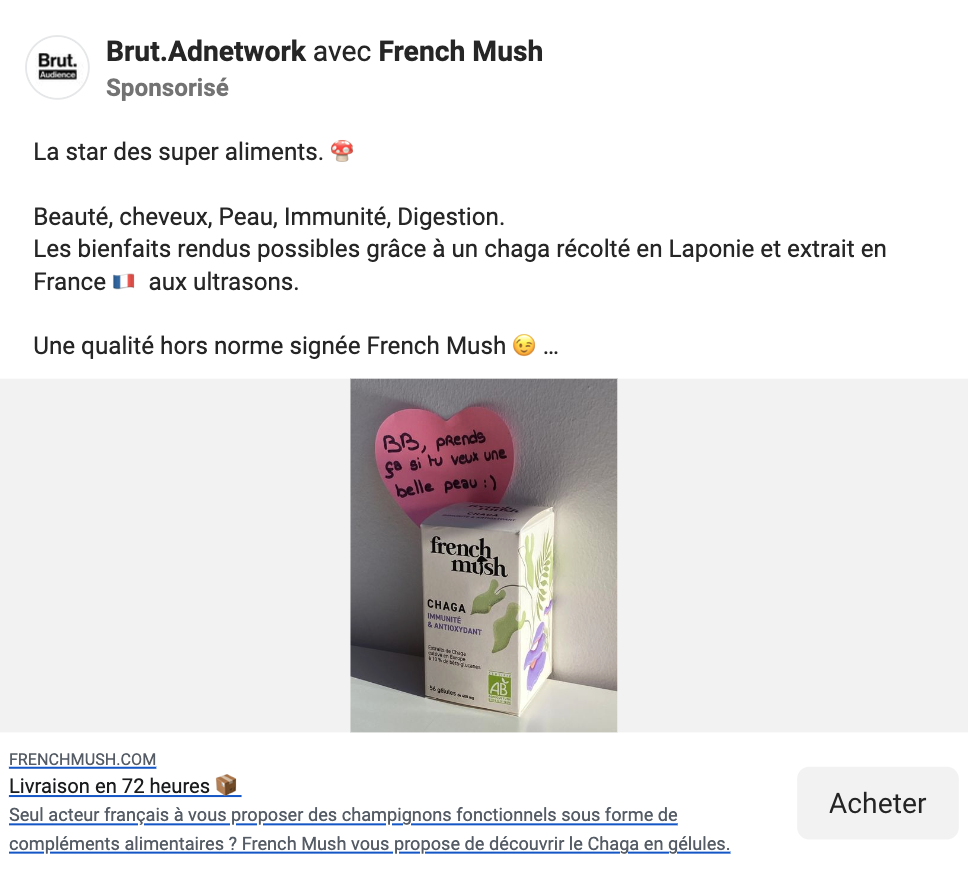 Exemple du type ce contenu promu par French Mush sur le compte publicitaire de Brut