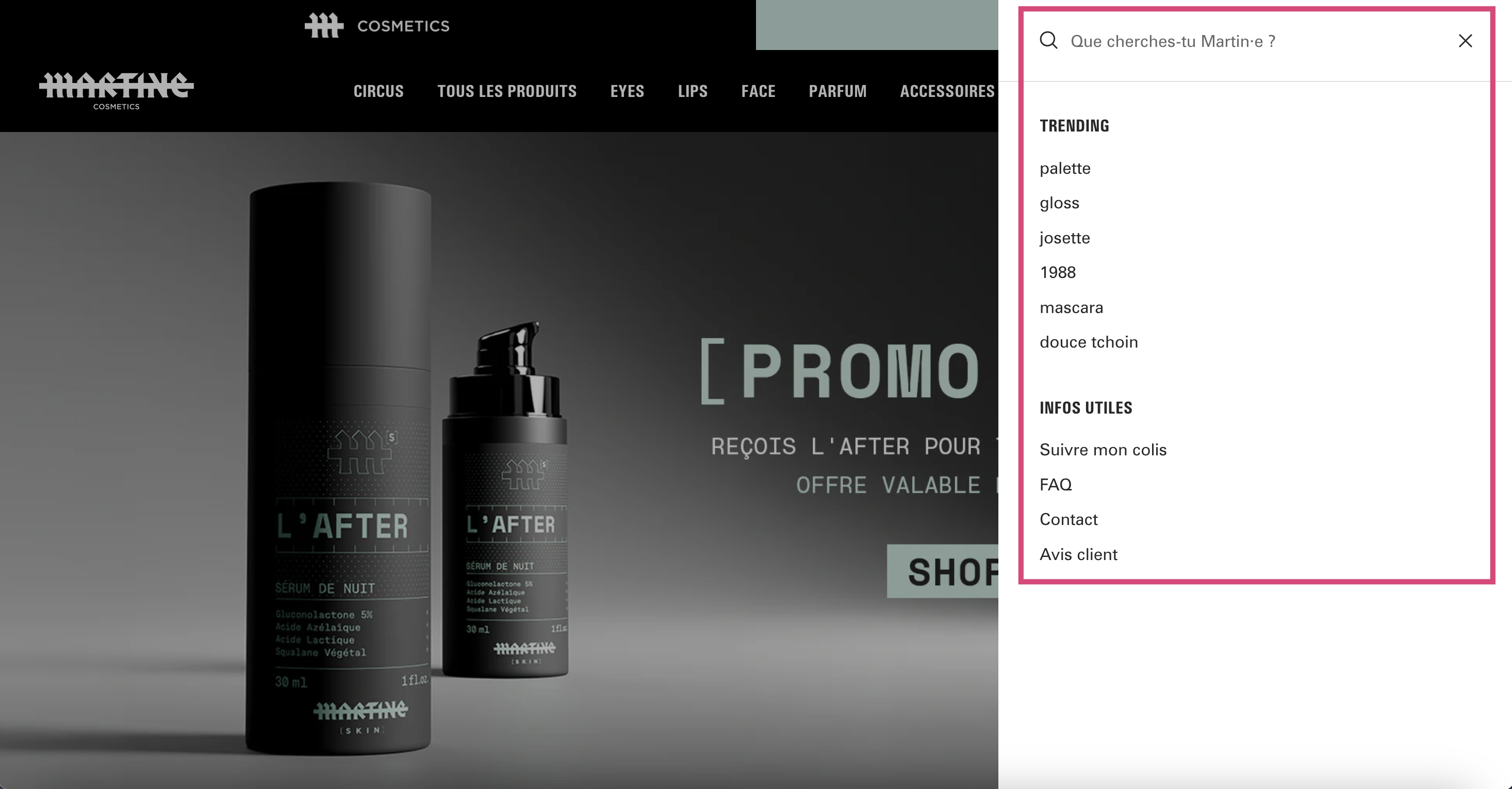 Exemple de la barre de recherche sur le site de Martine Cosmetics