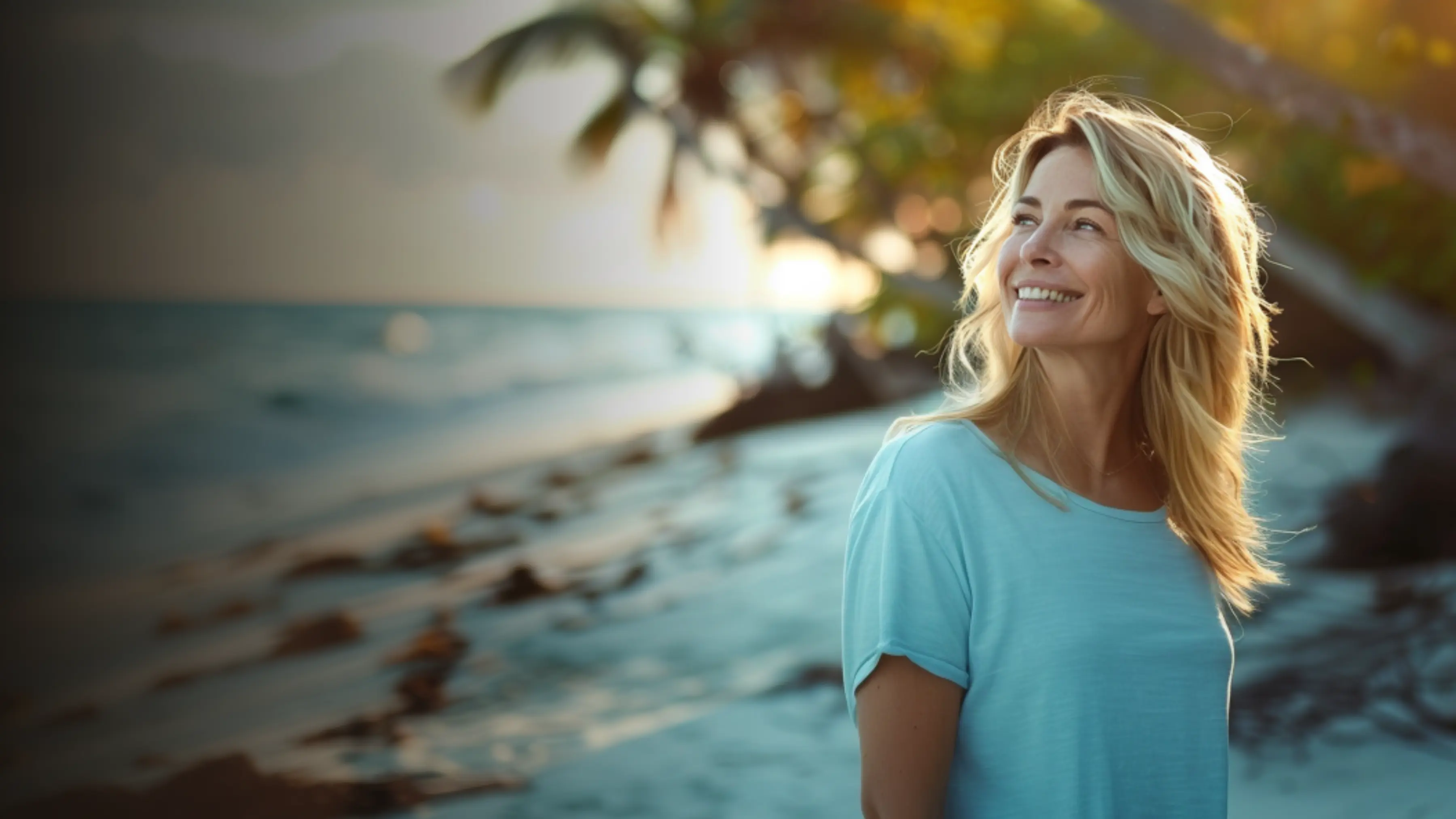 Smiling woman with blonde hair wearing a light blue shirt standing on a beach at sunset.