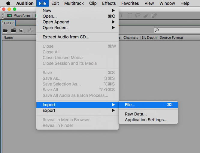 Open Adobe Audition and then go to the “File” menu and click “Import…”