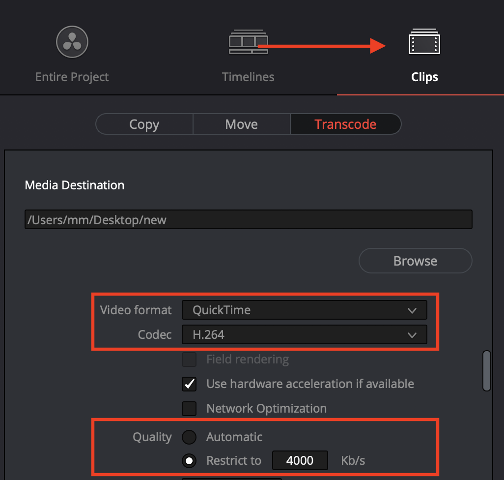 In media management dialog select: Clips, Video Format Quicktime, Codec h264, and limit data rate at 4000