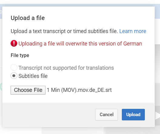 Click Choose File and navigate to your translated subtitle file from Simon Says