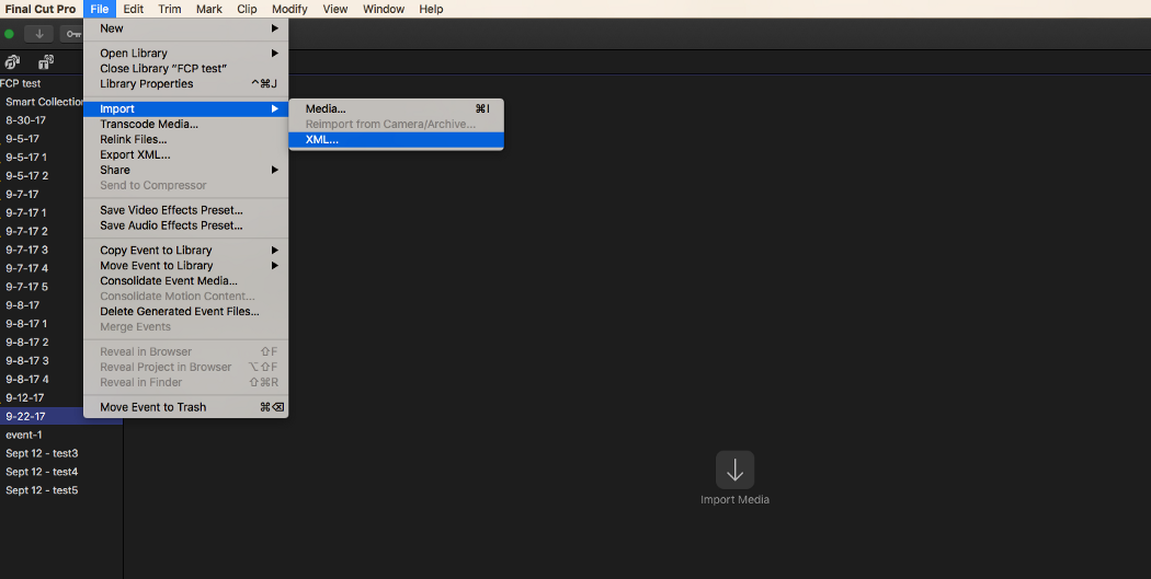 Open Final Cut Pro X. Then go to the “File” menu, “Import” sub-menu, and click “XML…”