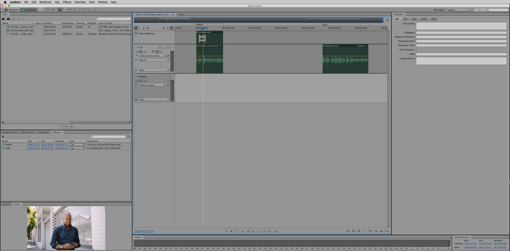 The Adobe Audition sequence will connect to the reference media file and you will see a timeline with the corresponding clips that matches what you saw (uh hem, heard!) on Simon Says