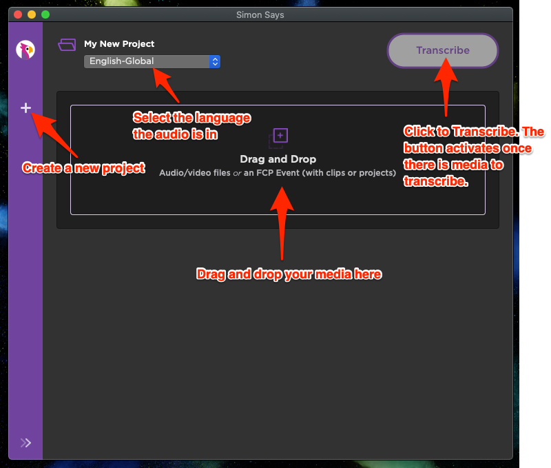 Click the + icon on the left panel to start a new transcription project