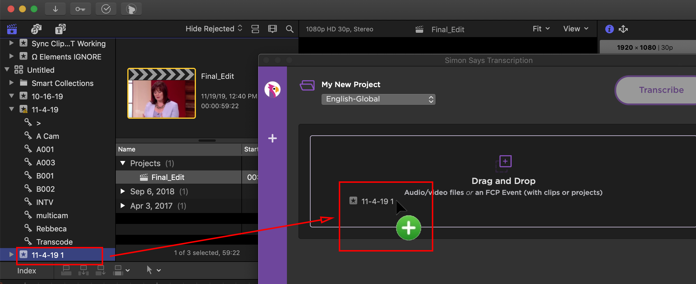 Have an FCP Event with an FCP Project and drag the Event to the Simon Says extension