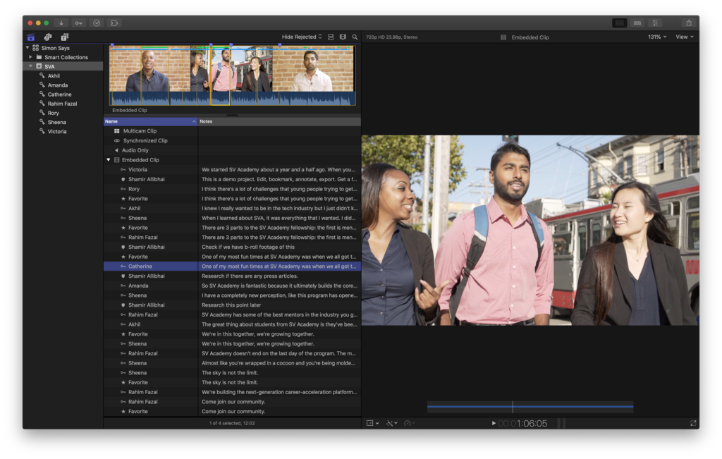 View your transcript with favorites and bookmarks in FCPX