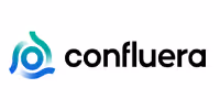 Confluera company logo with abstract blue and green symbol and black text.