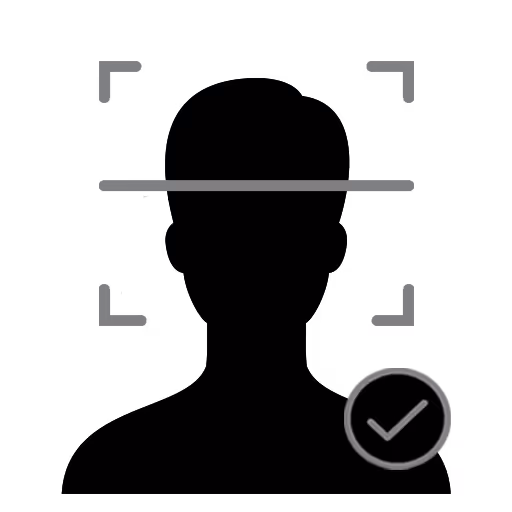 Silhouette of a person’s head wearing a headband with a camera or scanning device for AI facial recognition and a checkmark inside a circle indicating verification.