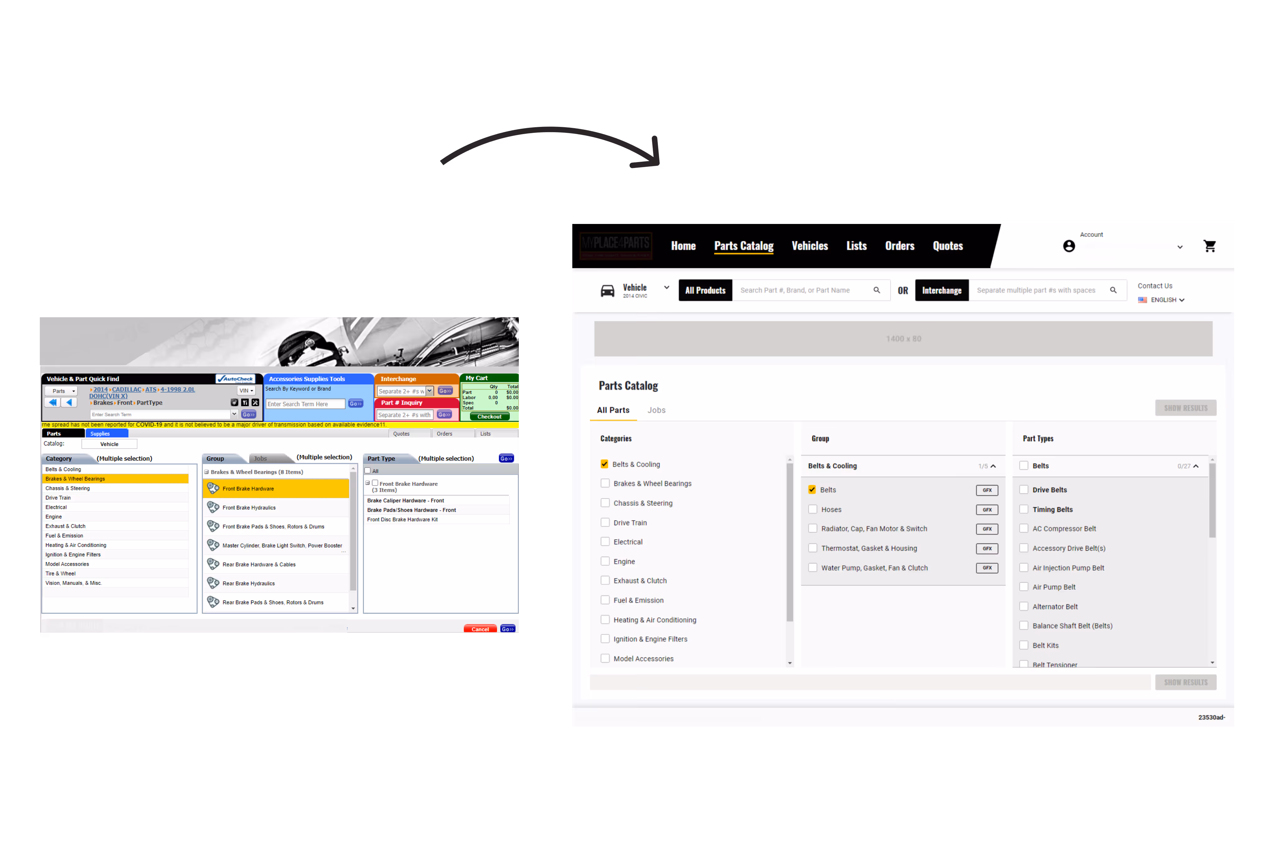 Side-by-side comparison of an older and a modern auto parts catalog interface showing categories, groups, and part types with search and navigation options.