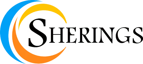 Sherings company logo with stylized blue, orange, and yellow curved shapes forming a circular design around the letter S.