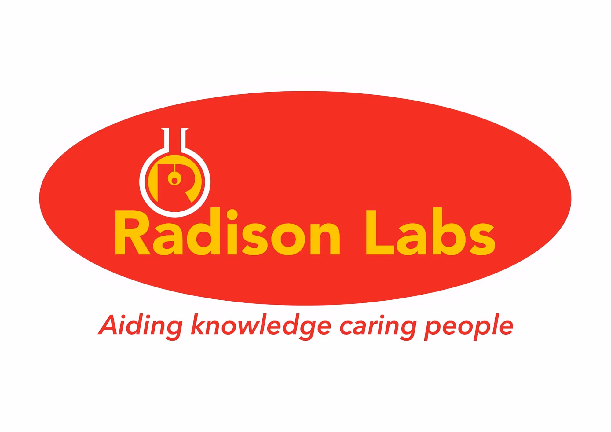 Radison Labs logo with a laboratory flask symbol, yellow text on a red oval background, and the slogan 'Aiding knowledge caring people' below in red.