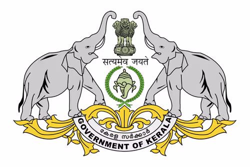 Emblem of the Government of Kerala featuring two elephants facing each other, the Indian national emblem above, and the state's emblem with a banner reading 'Government of Kerala'.