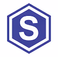 Hexagonal emblem with a white letter S centered inside a blue hexagon.