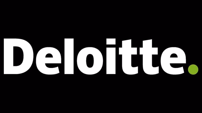Deloitte logo with white text and a green dot on a black background.