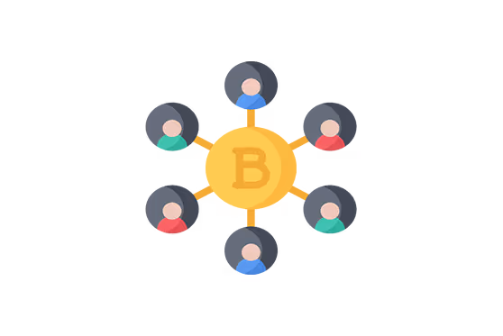 Illustration of six people surrounding a large golden coin with a 'B' symbol in the center.