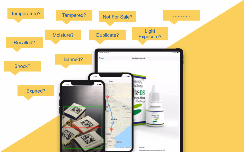 Three devices displaying medicine verification: a tablet showing eye drop medicine, and two smartphones scanning QR codes and mapping locations.