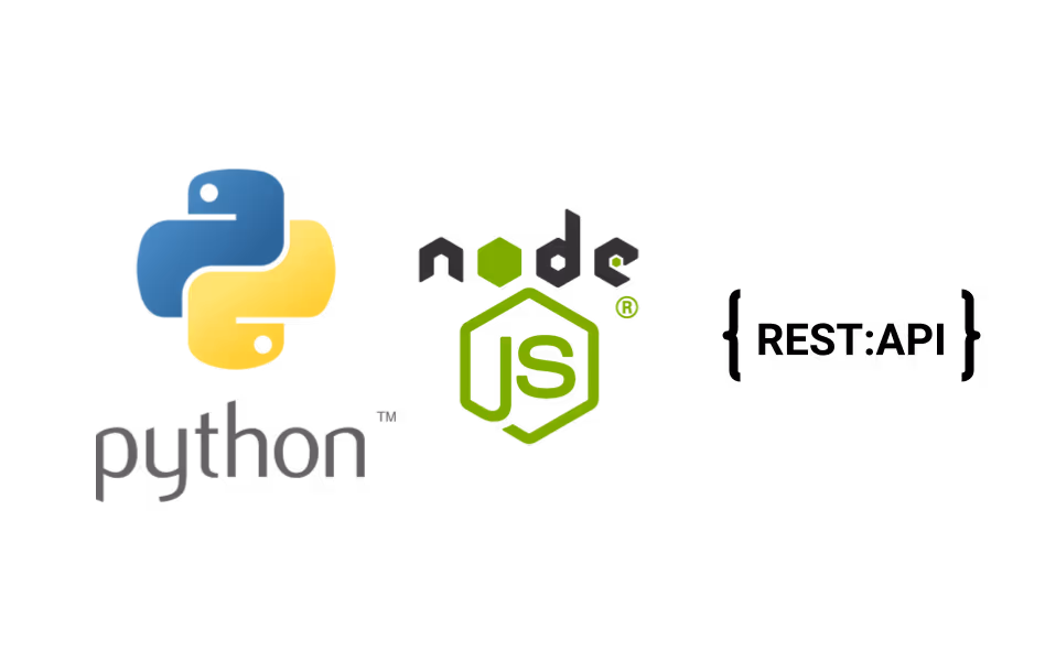Python logo with two intertwined snakes in blue and yellow, alongside Node.js logo featuring a green hexagon with 'JS' inside and stylized black letters.