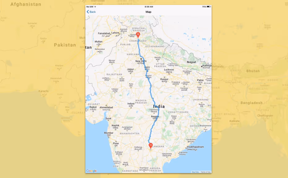 Map showing a route from Jalandhar in northern India to Hyderabad in southern India passing through New Delhi and Nagpur.