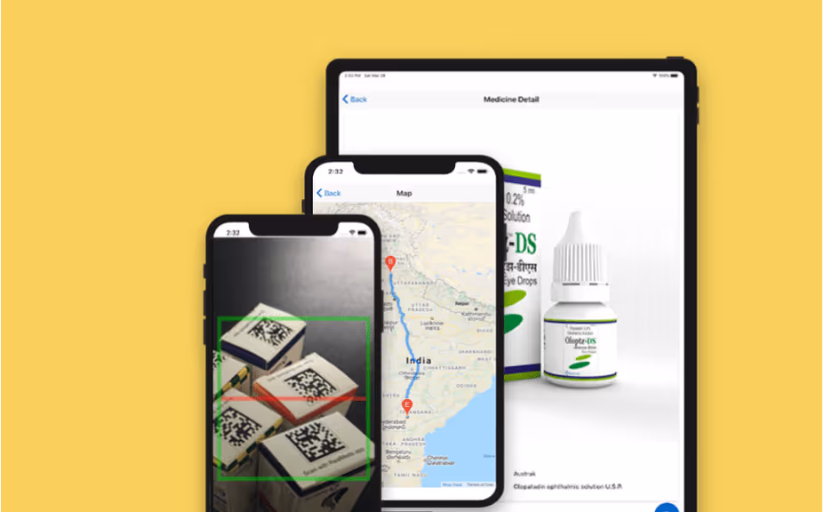 Three overlapping smartphone screens showing QR code scanning, a map of India with marked locations, and a medicine detail page for eye drops.