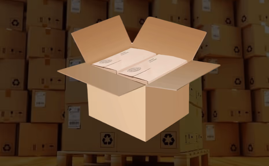 Open cardboard box containing two smaller boxes with packaging seals, set against a background of stacked cardboard boxes with recycling symbols.